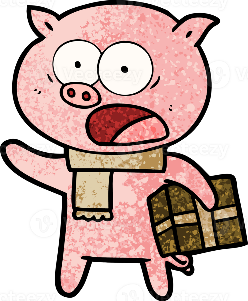 cartoon pig with christmas present drawing png