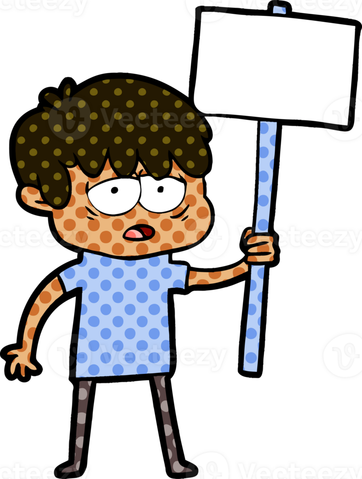 cartoon exhausted boy with placard drawing png