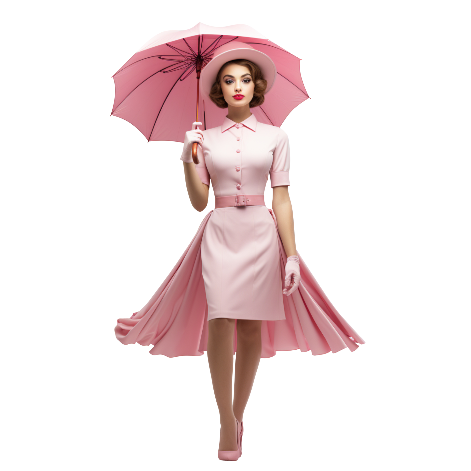 beautiful lady holding a pink umbrella isolated on transparent