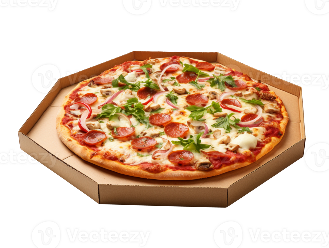 Delicious italian pizza in cardboard box isolated on transparent background png