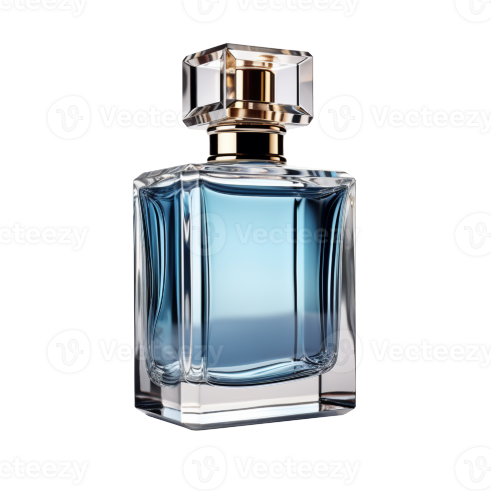 Elegant transparent bottle of blue perfume isolated on transparent background png