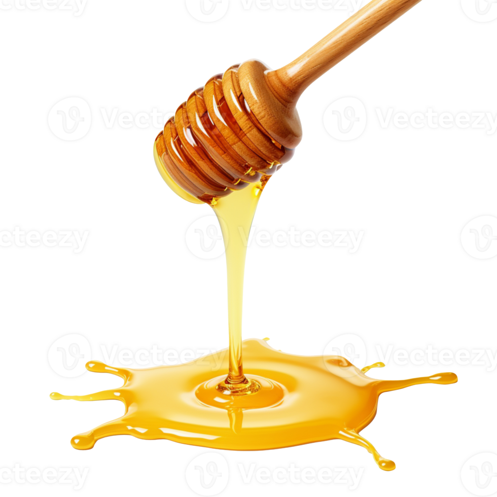 Dripping honey with wooden drizzler isolated on transparent background png