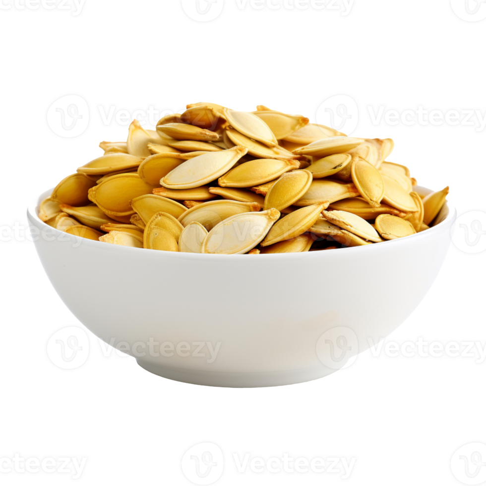 Dried pumpkin seeds in white bowl isolated on transparent background png