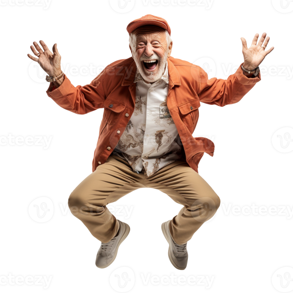 Elderly man jumping with joy isolated on transparent background png