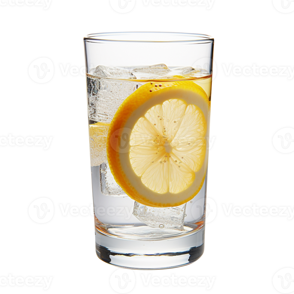 Glass of water with lemon and ice isolated on transparent background png