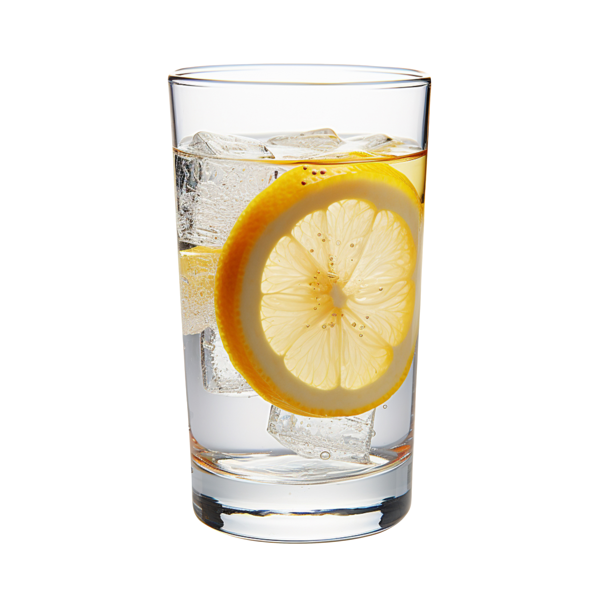 Glass of water with lemon and ice isolated on transparent background