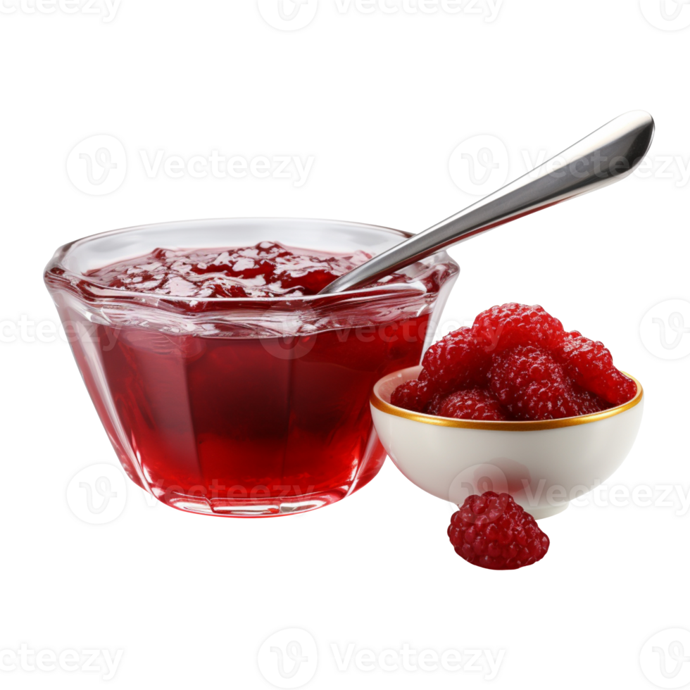 glass bowl and spoon of red berry jam isolated on transparent background png