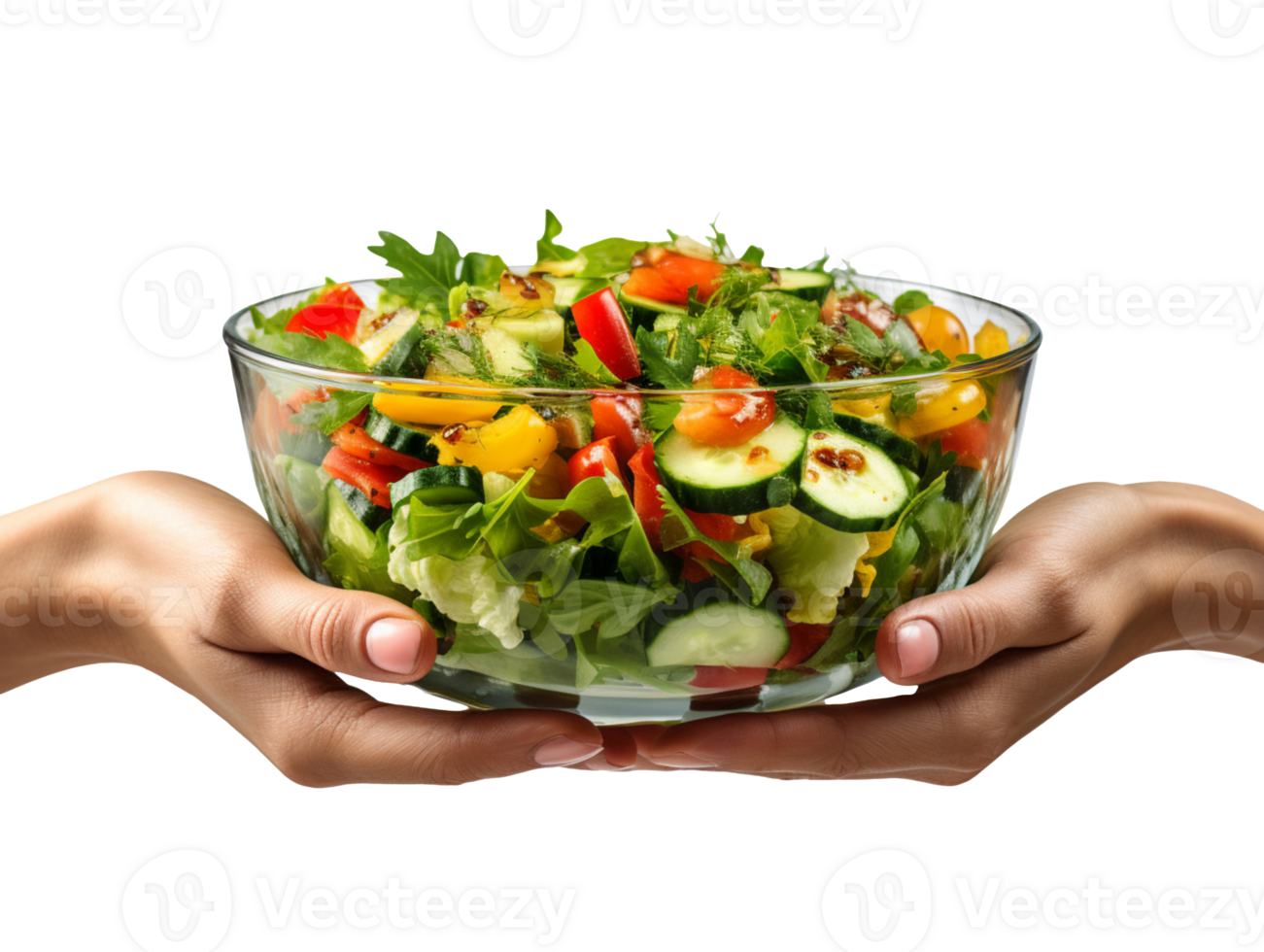 Hand hold vegetable salad glass bowl isolated on transparent background png