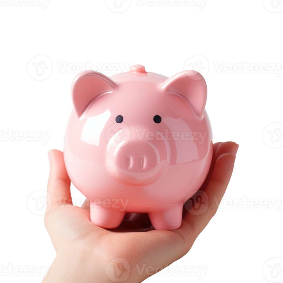 Hand holding pink piggy bank isolated on transparent background png