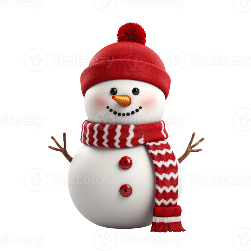Happy cute snowman in red santa hat isolated on transparent background png