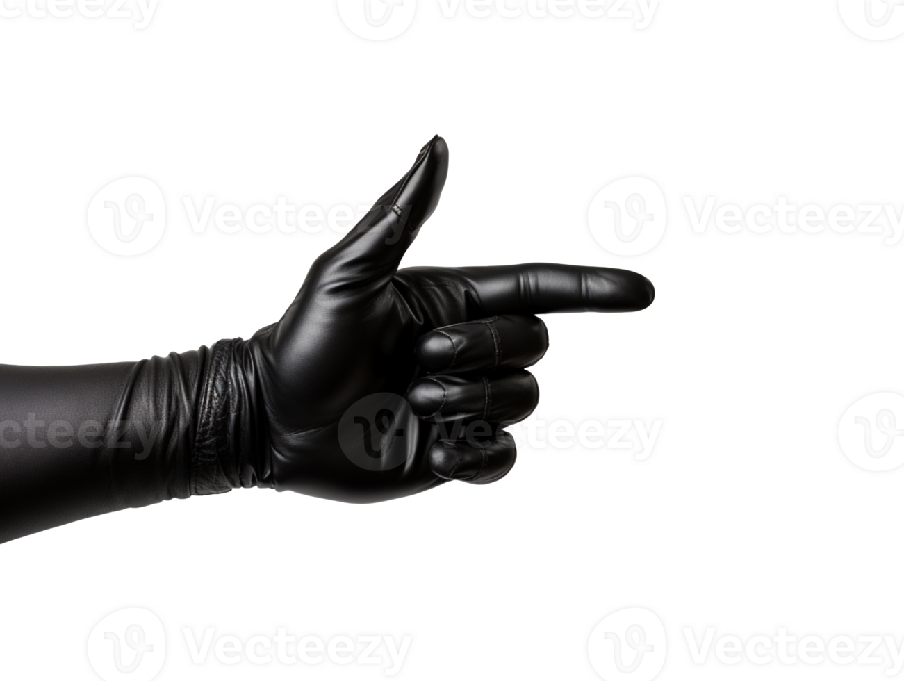 Index finger pointing sign in black glove isolated on transparent background png