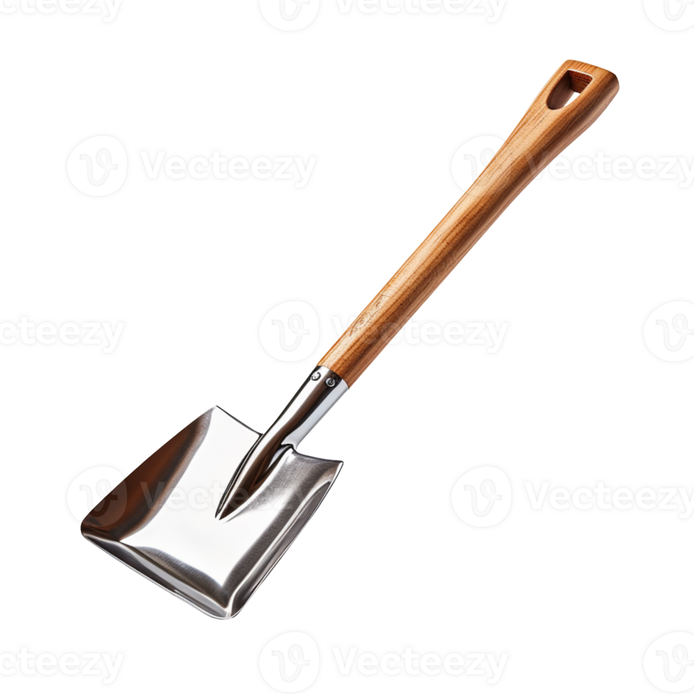 Metal shovel with wooden handle isolated on transparent background png
