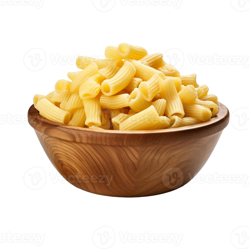 Pile of raw macaroni in wood bowl isolated on transparent background png