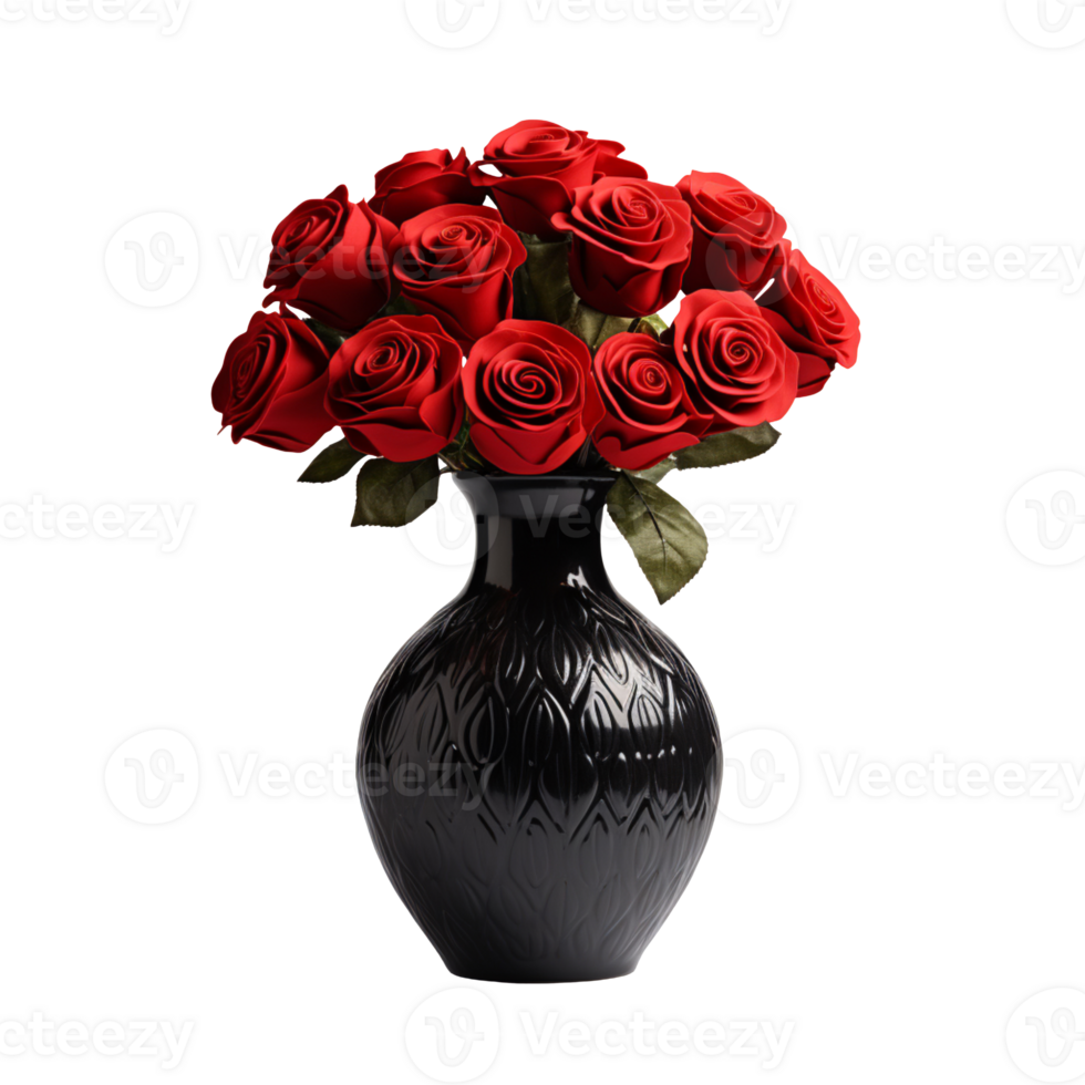 Red roses on black vase isolated on transparent background png