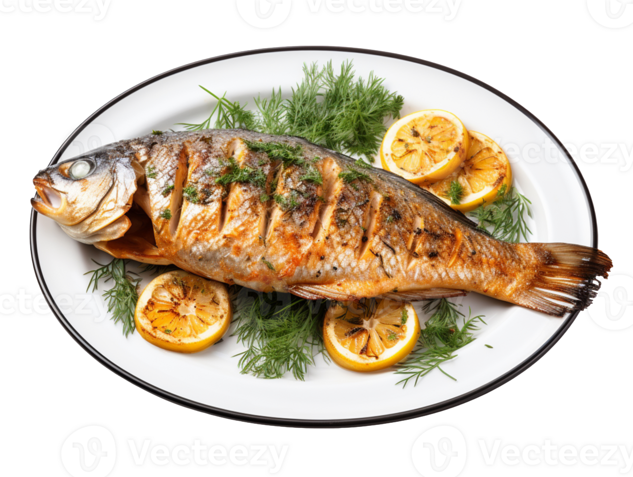 Roasted fish on a plate isolated on transparent background png