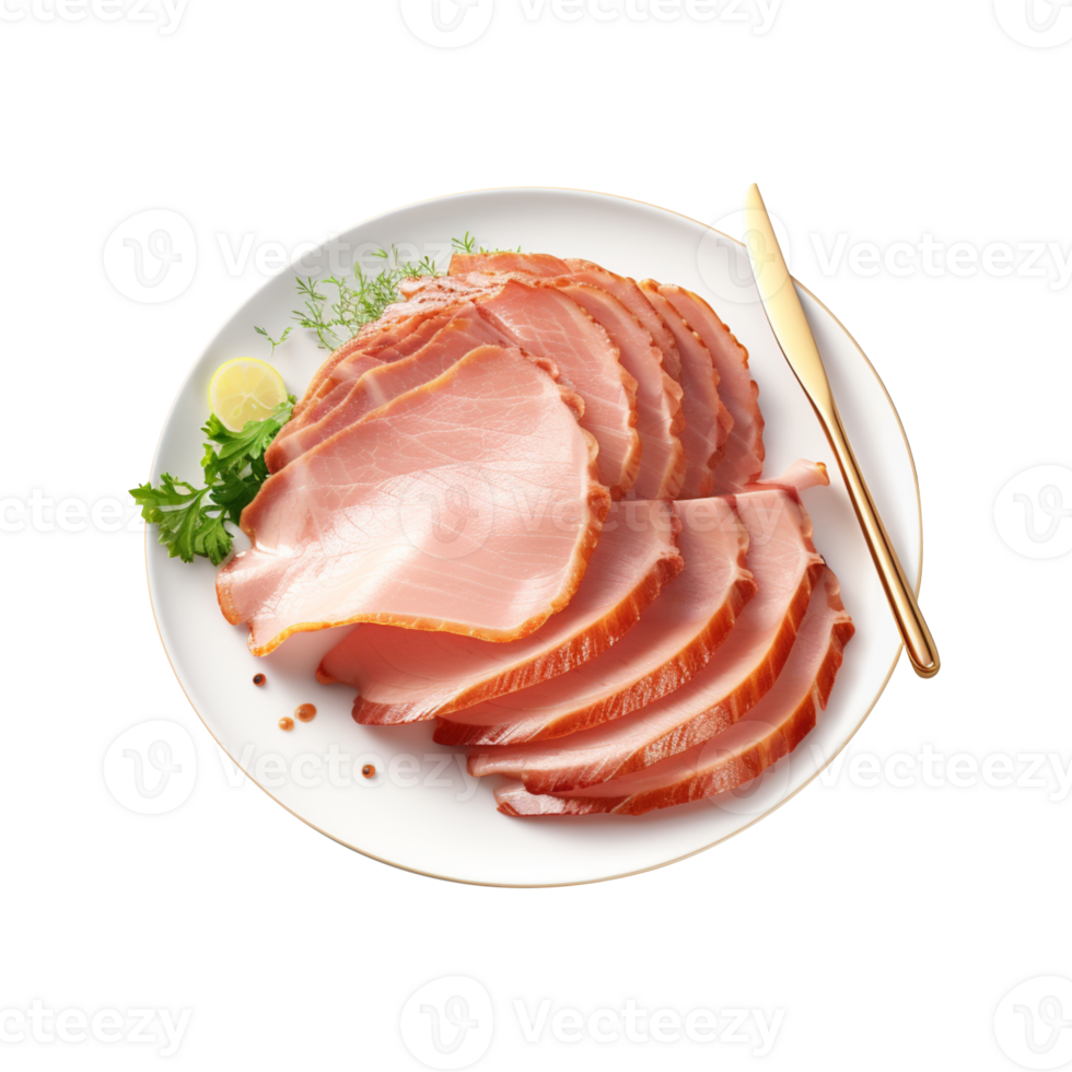 sliced ham on a plate isolated on transparent background png