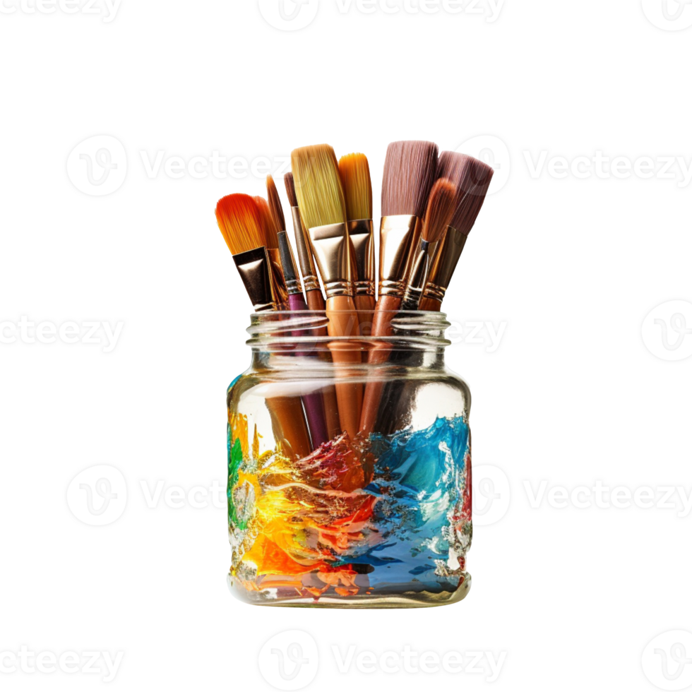 Stack of color artist paint brushes in a jar isolated on transparent background png