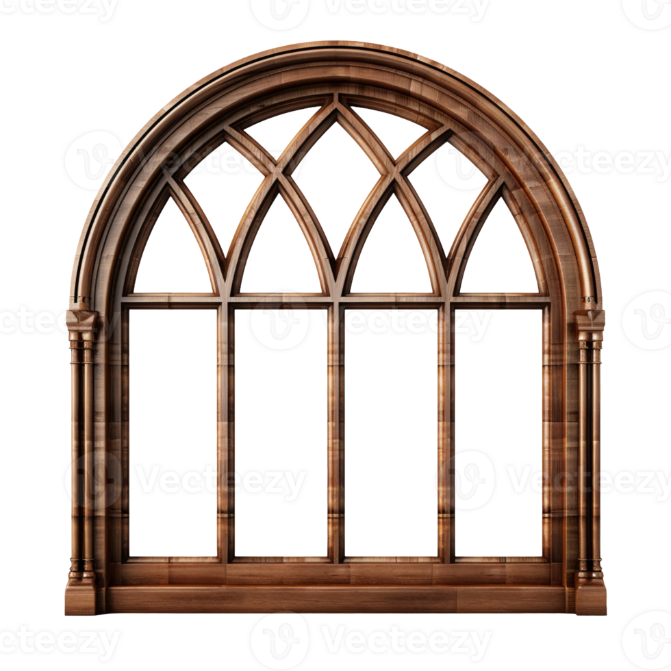 Wooden arched brown window isolated on transparent background png