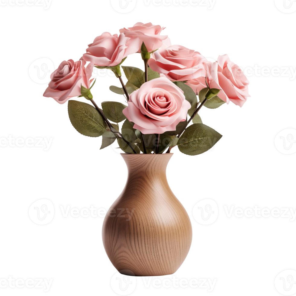 wooden vase with flowers isolated on transparent background png
