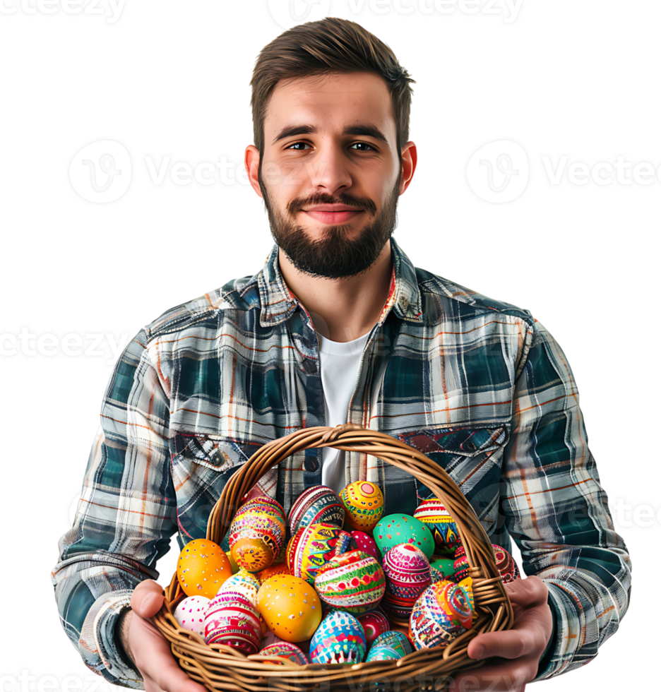 Portrait of a boy holding a basket full of Easter eggs on isolated transparent background png