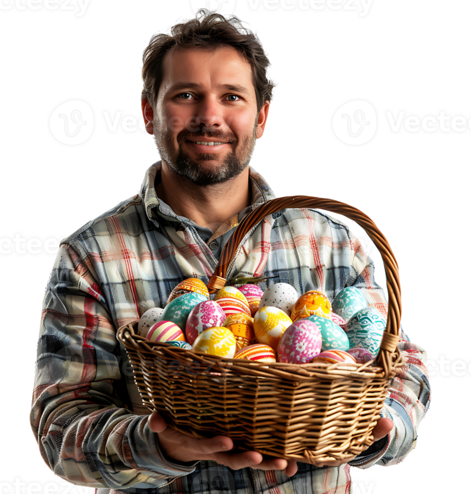 Portrait of a boy holding a basket full of Easter eggs on isolated transparent background png