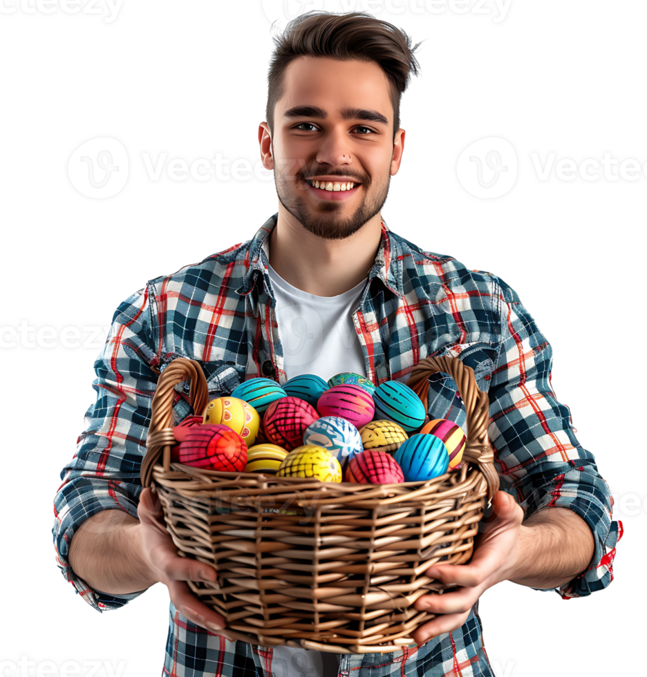 Portrait of a boy holding a basket full of Easter eggs on isolated transparent background png