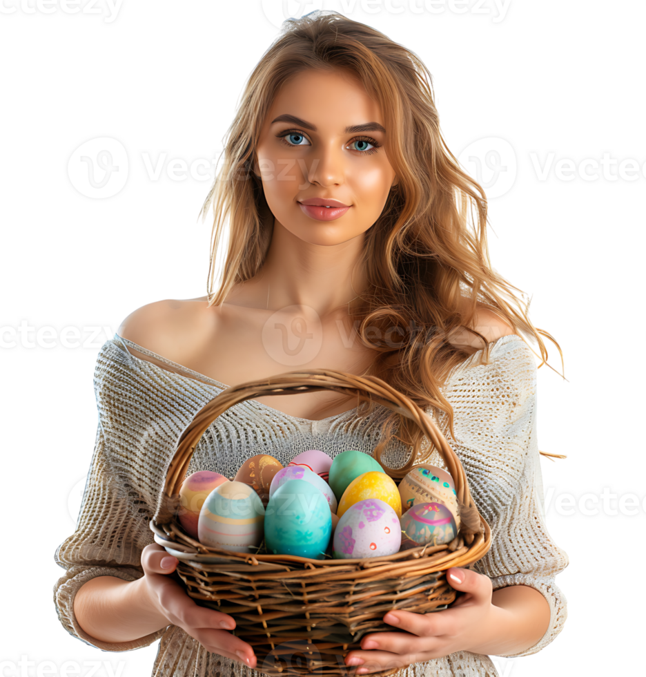 Portrait of a young girl holding a basket full of Easter eggs on isolated transparent background png