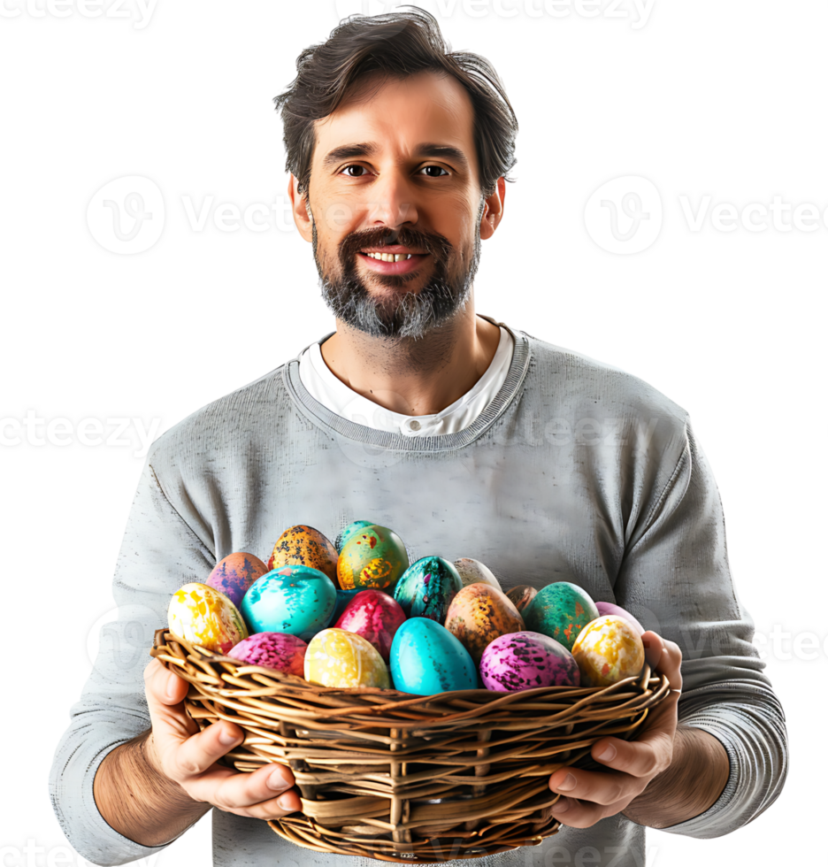 Portrait of a boy holding a basket full of Easter eggs on isolated transparent background png