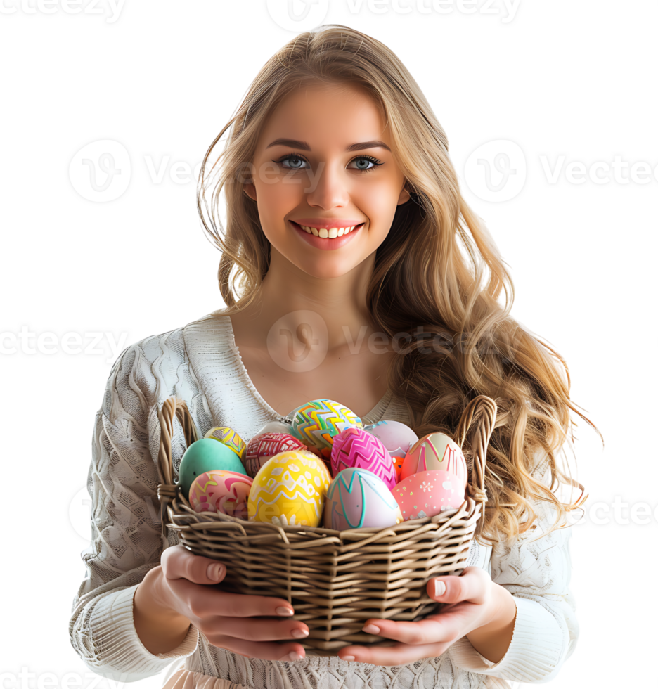 Portrait of a young girl holding a basket full of Easter eggs on isolated transparent background png