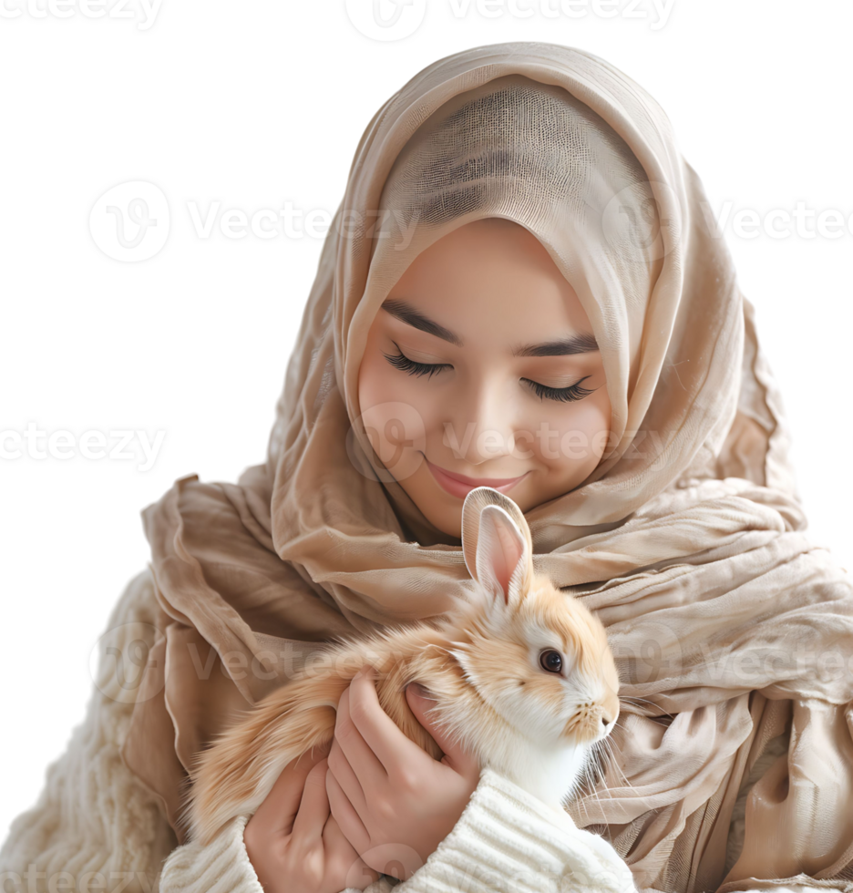 Muslim girl holding a rabbit on isolated transparent background png