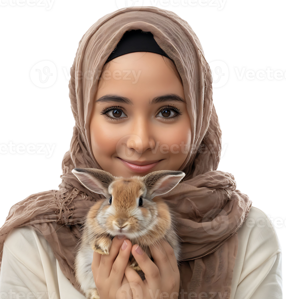 Muslim girl holding a rabbit on isolated transparent background png