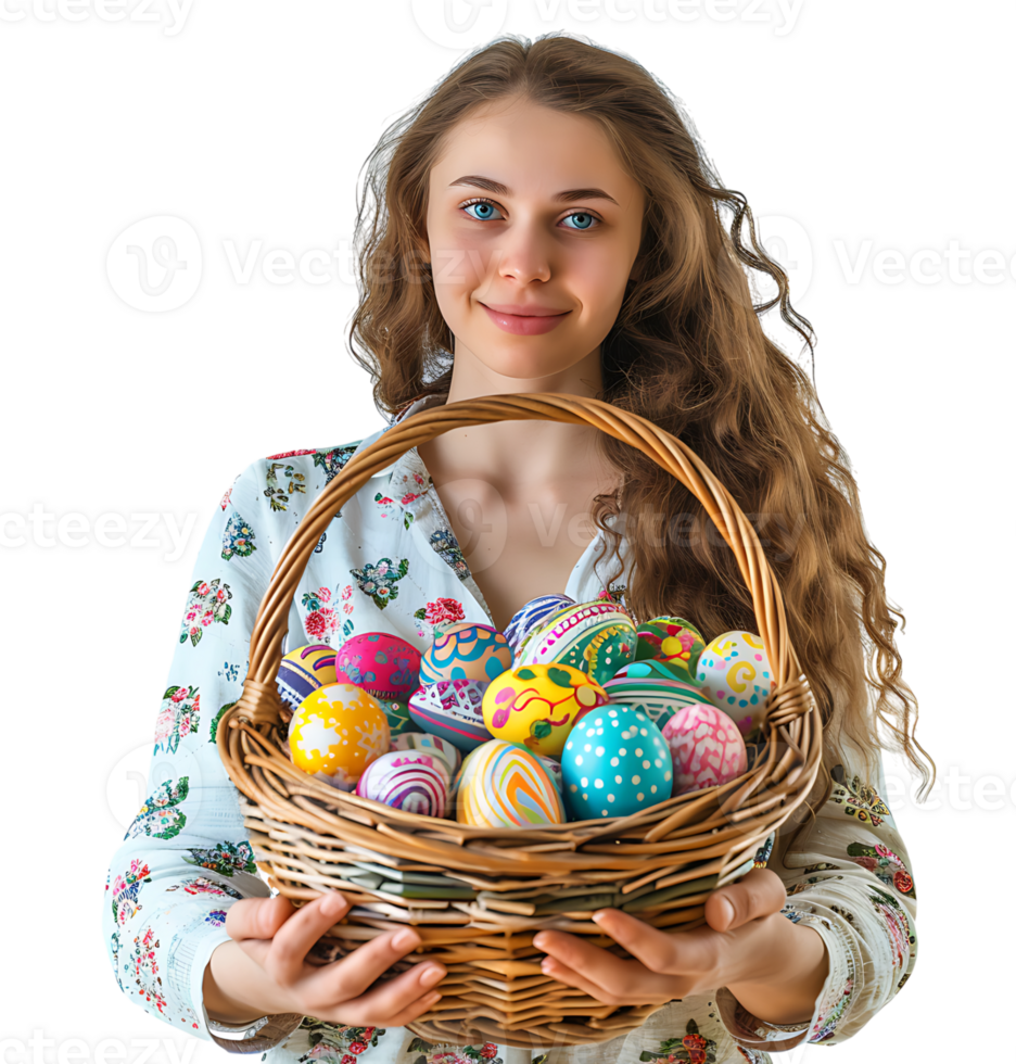 Portrait of a young girl holding a basket full of Easter eggs on isolated transparent background png
