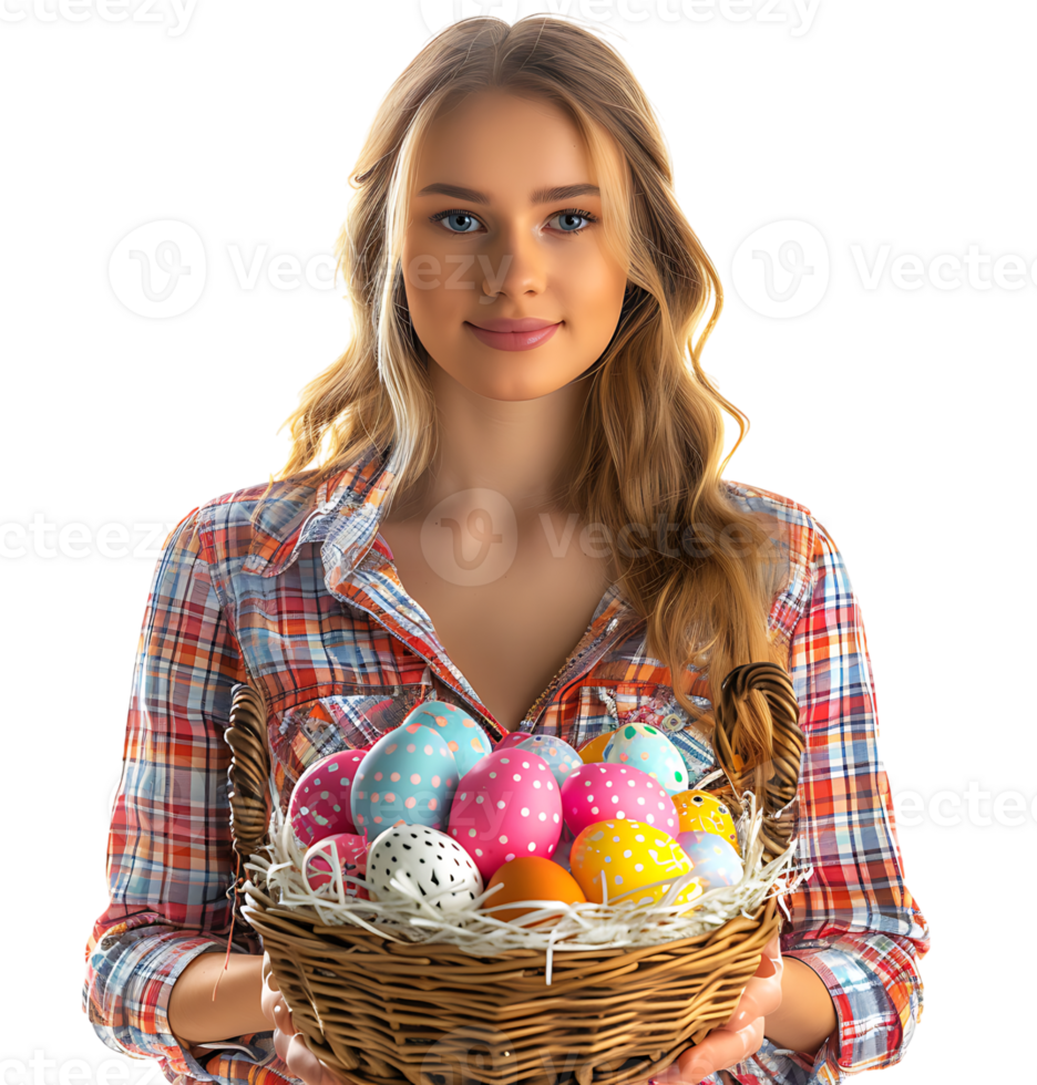 Portrait of a young girl holding a basket full of Easter eggs on isolated transparent background png