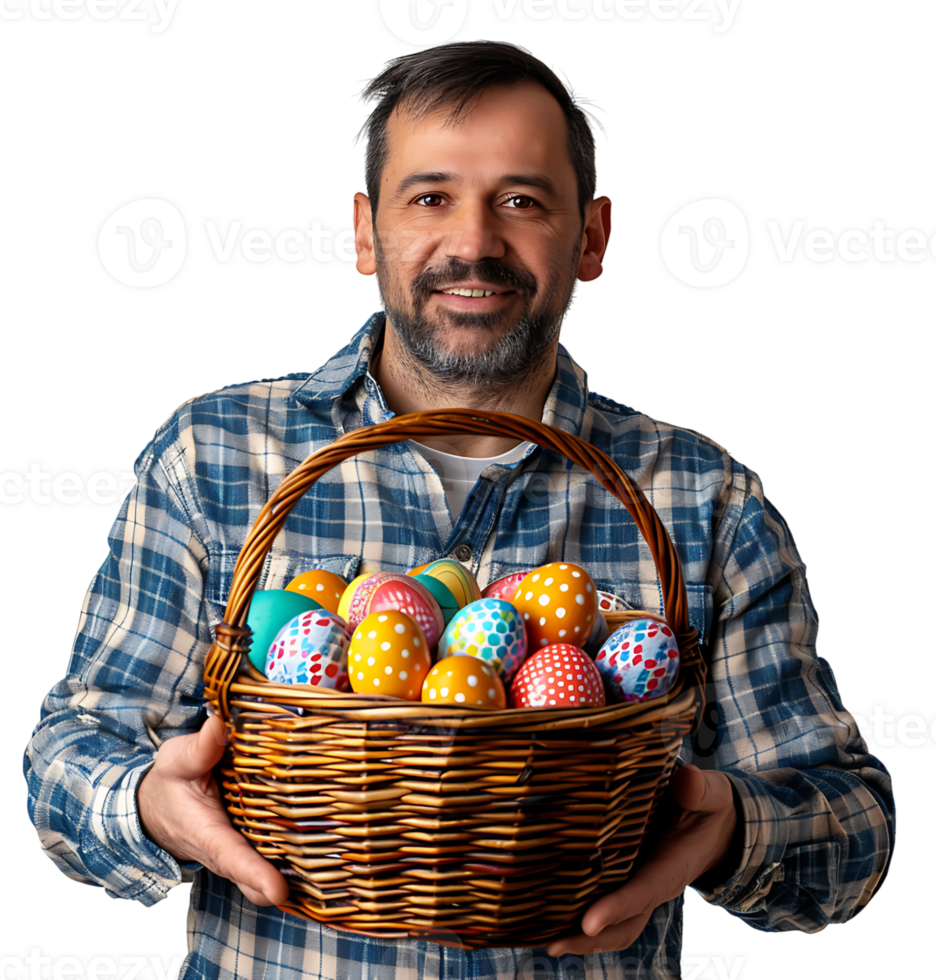 Portrait of a boy holding a basket full of Easter eggs on isolated transparent background png