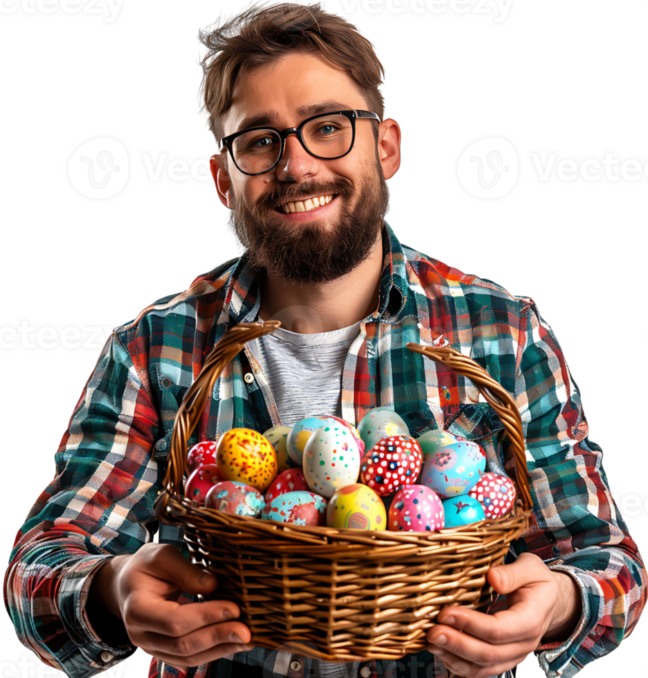 Portrait of a boy holding a basket full of Easter eggs on isolated transparent background png