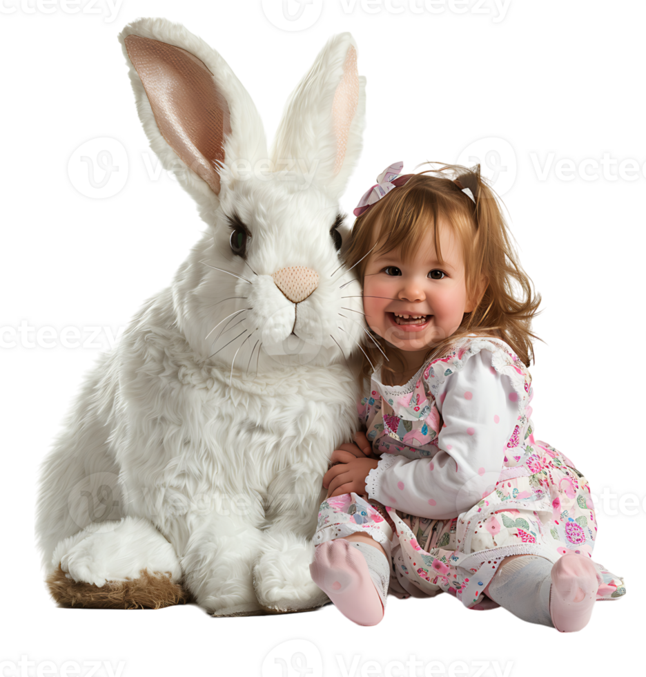 kid holding stuffed rabbit on isolated transparent background png