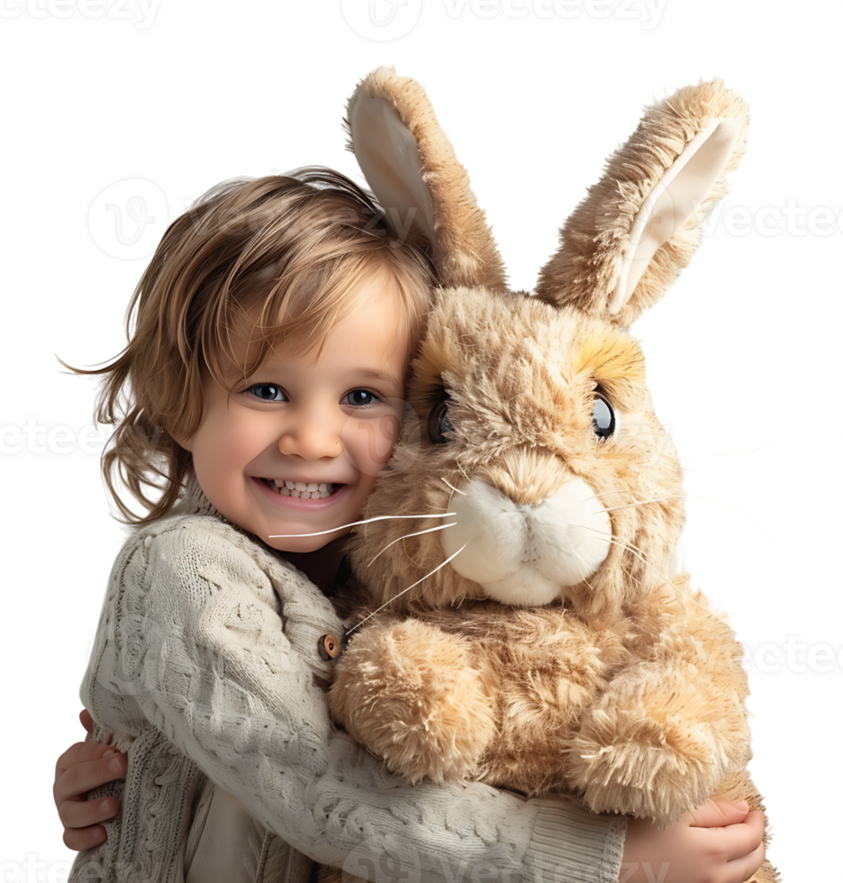 kid holding stuffed rabbit on isolated transparent background png