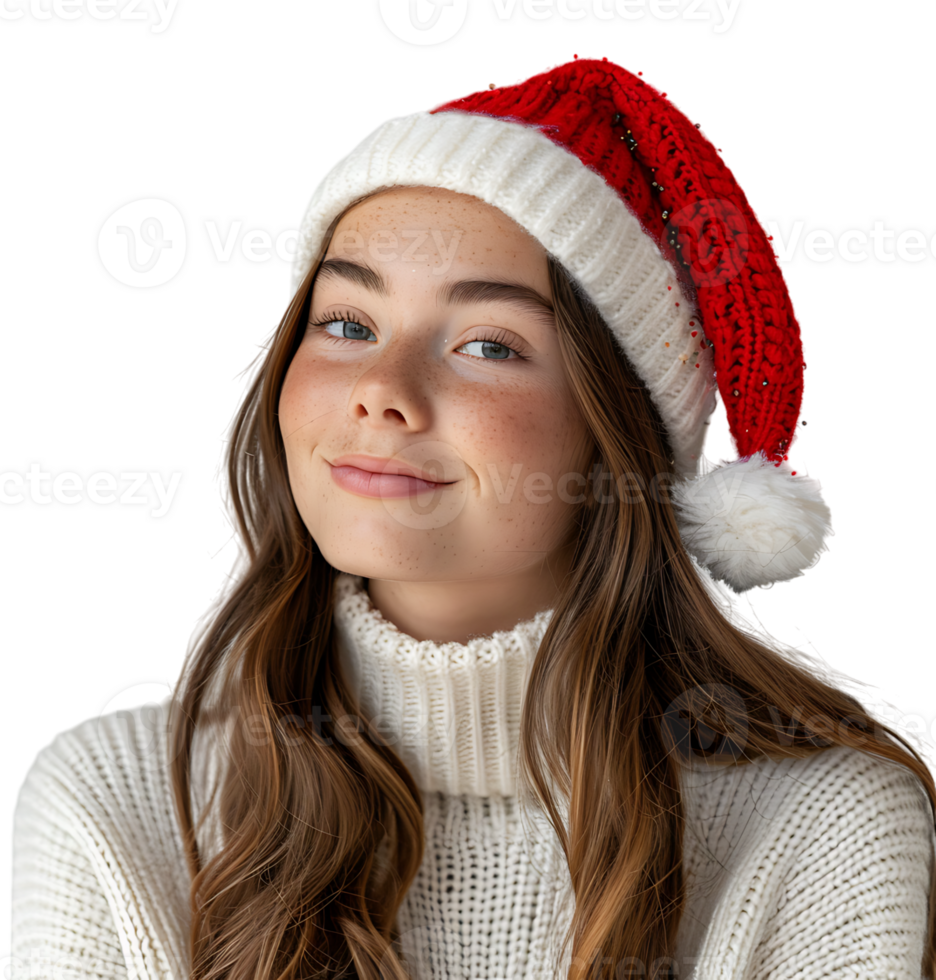 Smiling young girl waiting for holiday season. Pretty girl Santa Claus hat looking away on isolated transparent background png