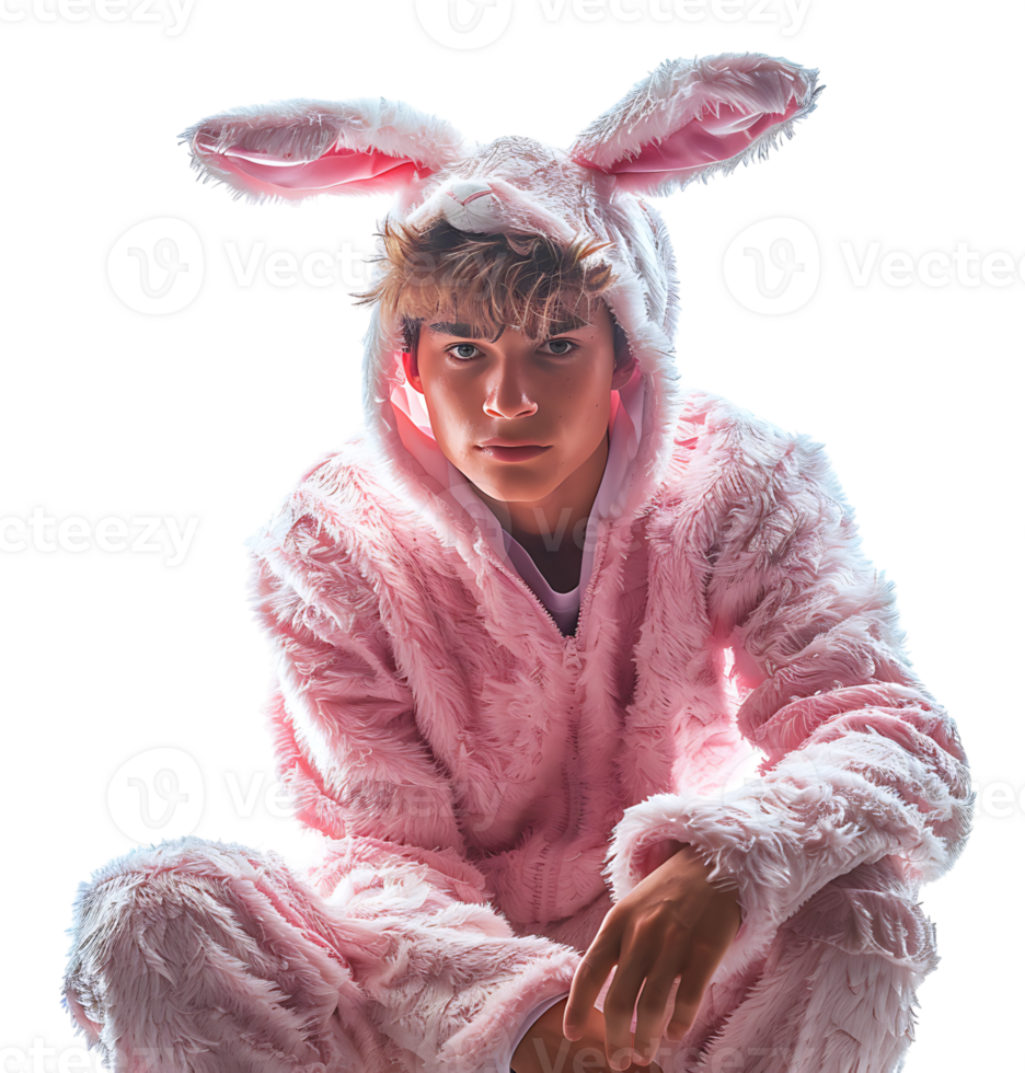 Happy man wearing bunny ears pink on isolated transparent background png