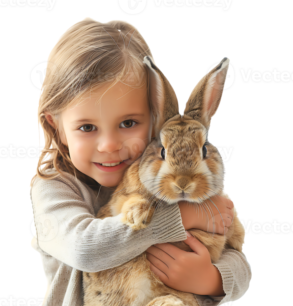 kid holding a rabbit on isolated transparent background png