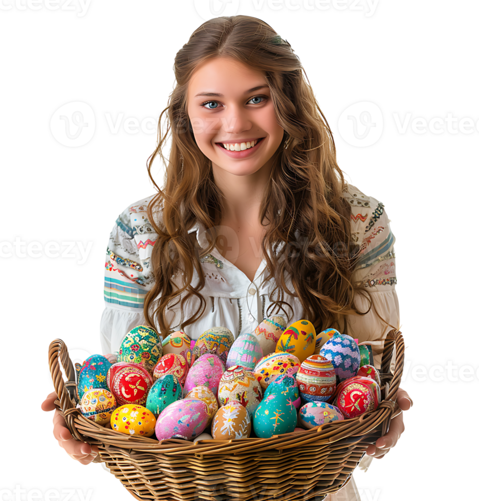 Portrait of a young girl holding a basket full of Easter eggs on isolated transparent background png