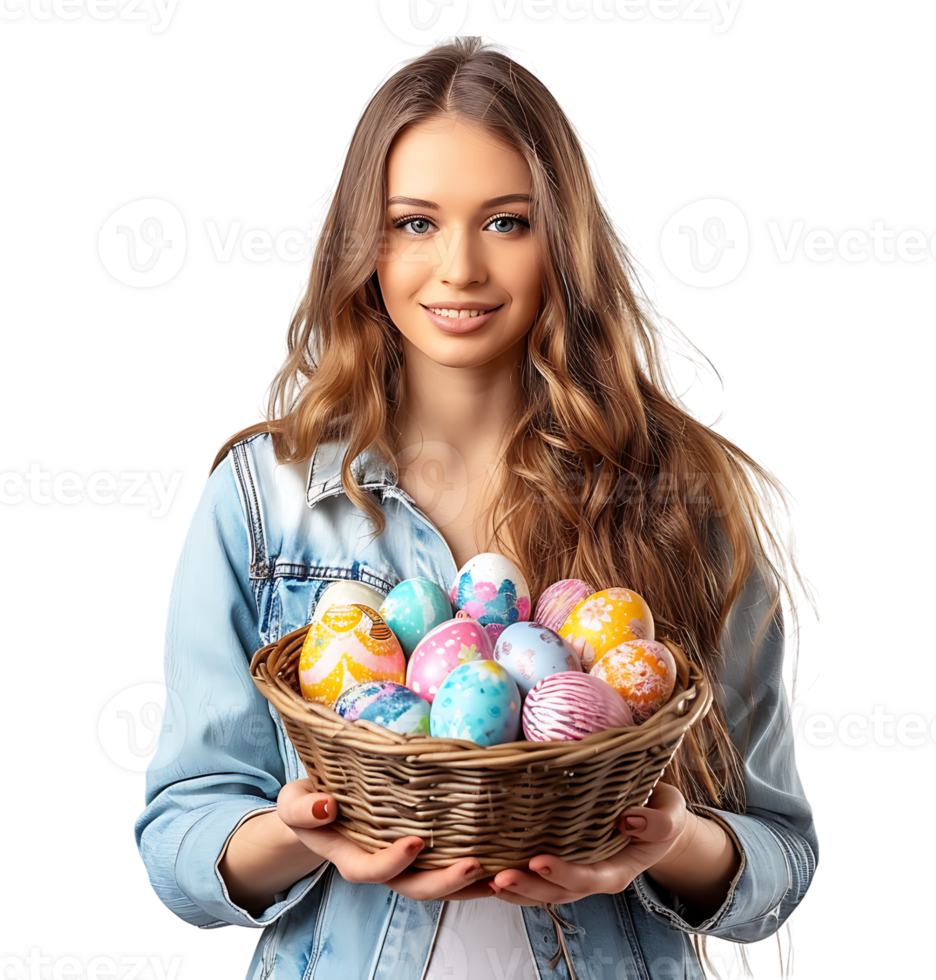 Portrait of a young girl holding a basket full of Easter eggs on isolated transparent background png