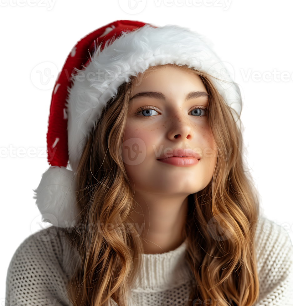 Smiling young girl waiting for holiday season. Pretty girl Santa Claus hat looking away on isolated transparent background png
