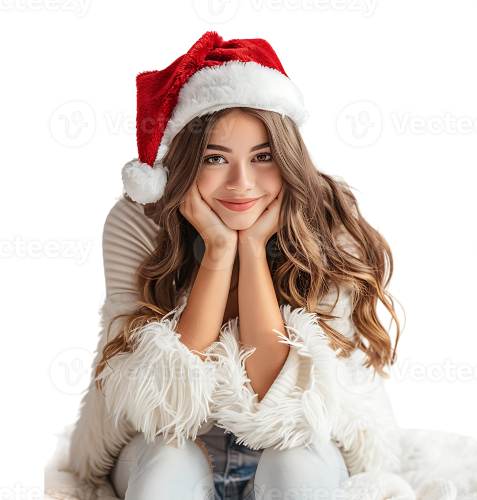 Smiling young girl waiting for holiday season. Pretty girl Santa Claus hat looking away on isolated transparent background png