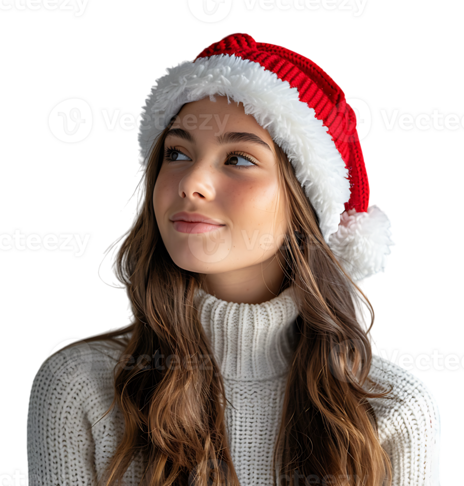 Smiling young girl waiting for holiday season. Pretty girl Santa Claus hat looking away on isolated transparent background png