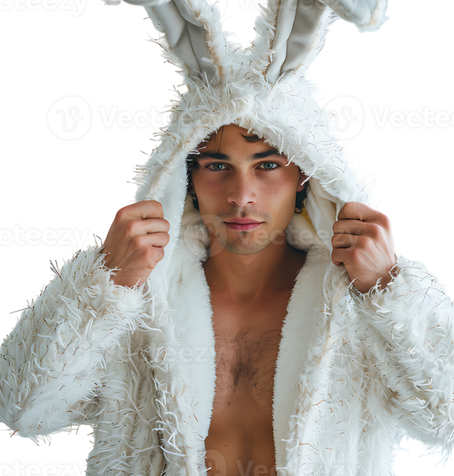 Happy man wearing bunny ears on isolated transparent background png
