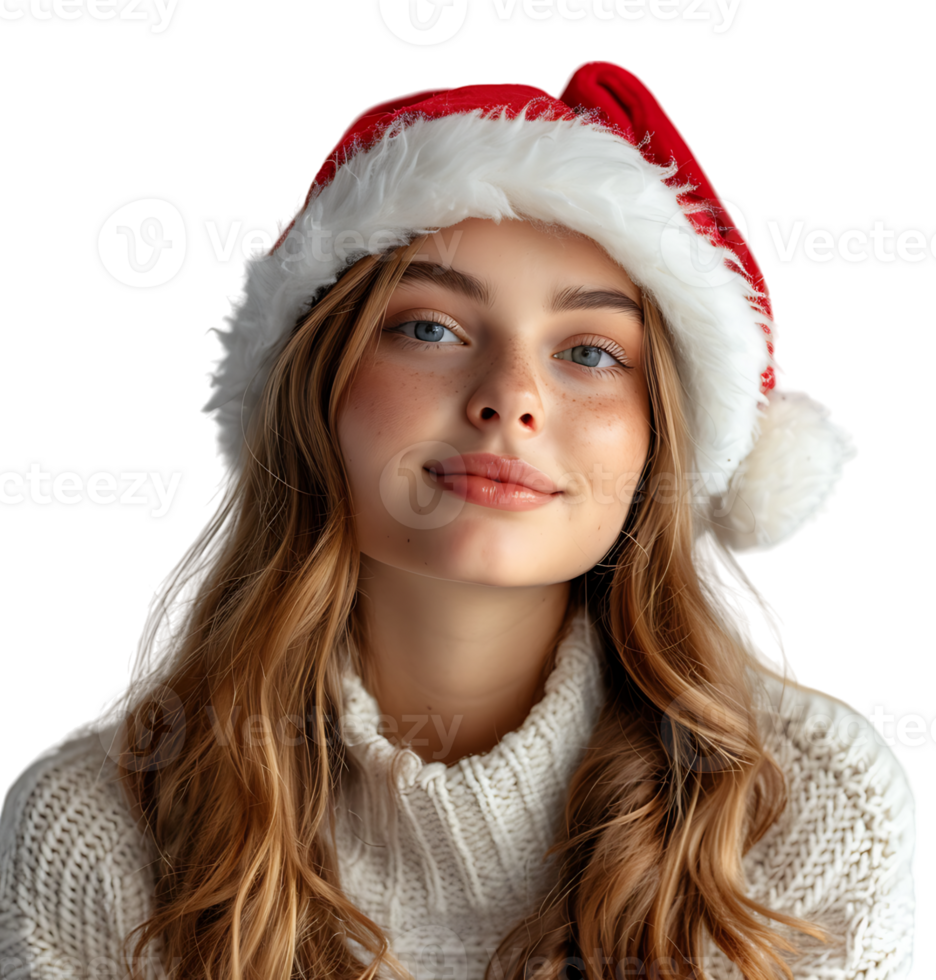 Smiling young girl waiting for holiday season. Pretty girl Santa Claus hat looking away on isolated transparent background png