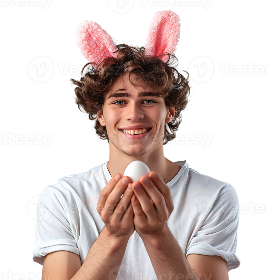 Cheerful young man wearing bunny ears holding eastern egg on isolated transparent background png