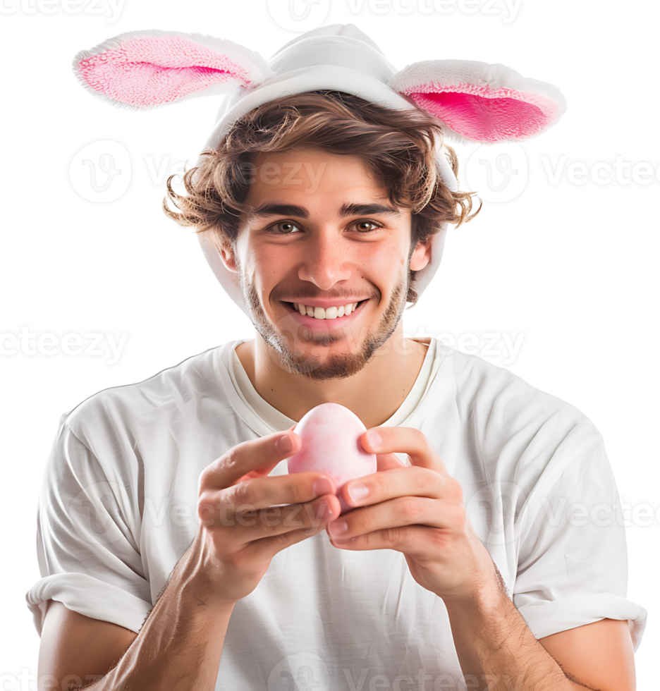 Cheerful young man wearing bunny ears holding eastern egg on isolated transparent background png