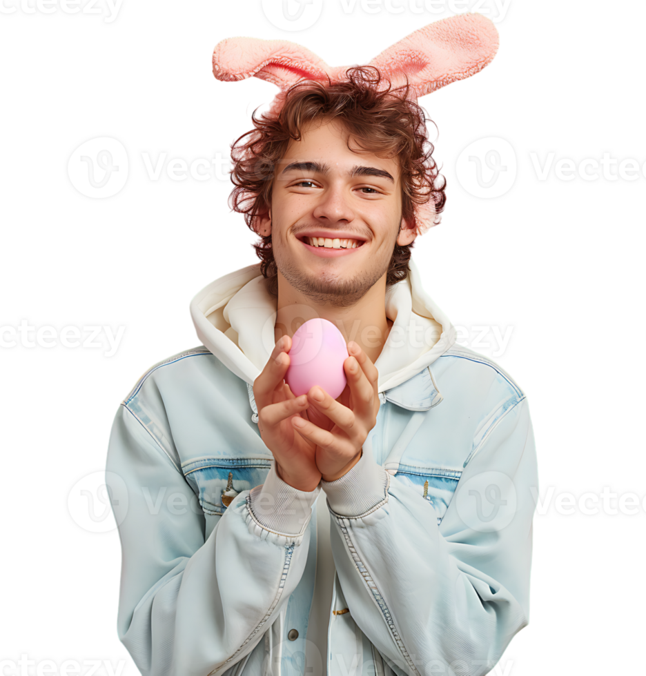 Cheerful young man wearing bunny ears holding eastern egg on isolated transparent background png